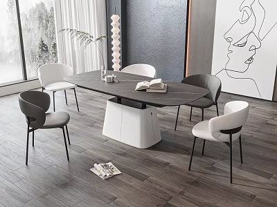 Modern Dining Table Set With Black Top White Base And Four Chairs In Room Interior 3d model