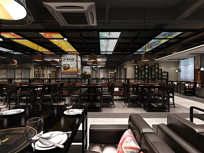 Elegant Modern Hotpot Restaurant Interior With Dining Tables Comfortable Seats And Ambient Lighting 3d model