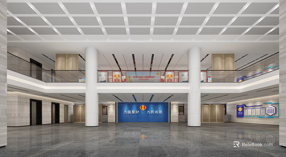 Spacious Government Service Hall Interior Featuring Columns Service Windows And Bright Lighting 3d model 