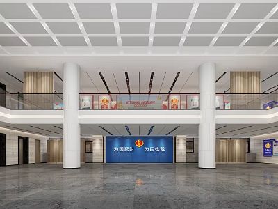 Spacious Government Service Hall Interior Featuring Columns Service Windows And Bright Lighting 3d model
