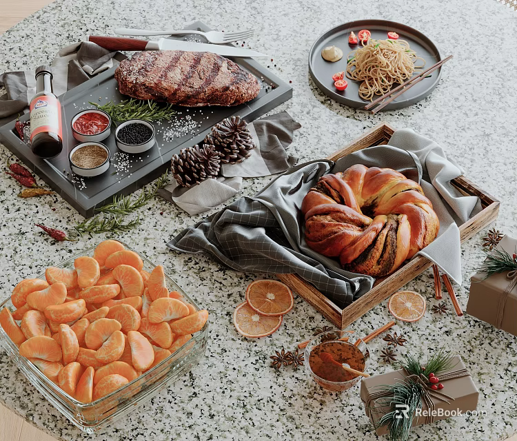 Delicious Grilled Steak Braided Bread And Sliced Oranges For Festive Christmas Feast 3d model 
