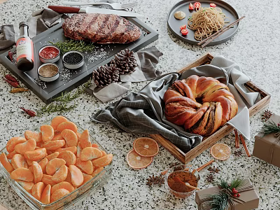 Delicious Grilled Steak Braided Bread And Sliced Oranges For Festive Christmas Feast 3d model