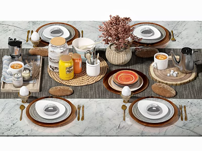 Elegant Dinnerware Set With Plates Cups Gold Cutlery Decorative Flowers And Jars On Marble Tabletop 3d model