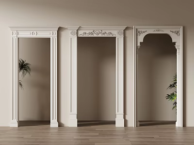 Ornate White Door Arches Against Beige Walls With Wooden Floors And Plants 3d model