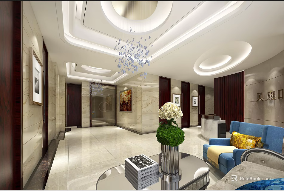 Modern Luxury Hotel Lobby Interior With Chandelier Marble Floor And Blue Sofa 3d model 
