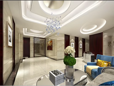 Modern Luxury Hotel Lobby Interior With Chandelier Marble Floor And Blue Sofa 3d model