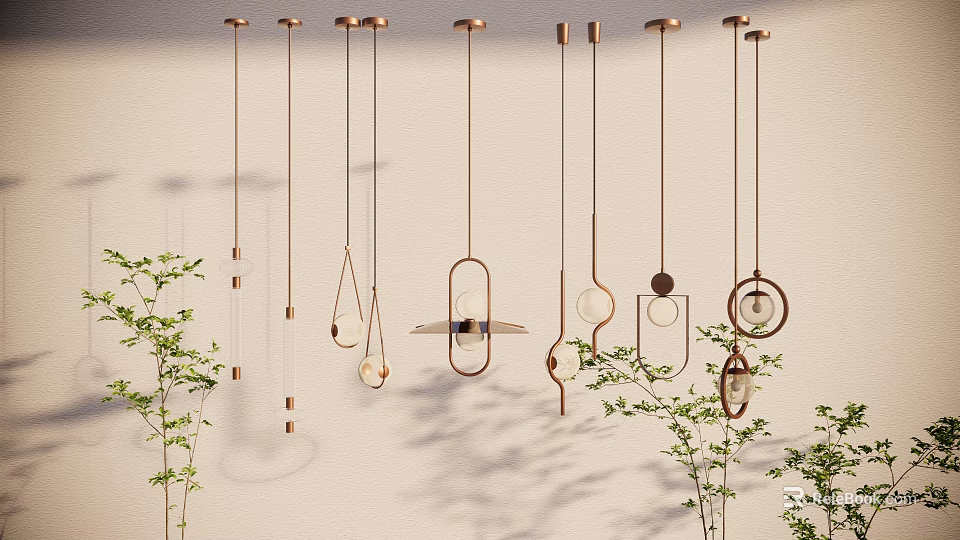 Stylish Copper Pendant Lights With Various Designs Hanging On White Wall With Green Plants 3d model 