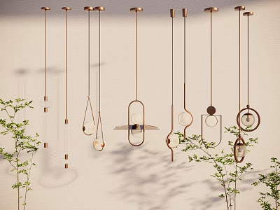 Stylish Copper Pendant Lights With Various Designs Hanging On White Wall With Green Plants 3d model