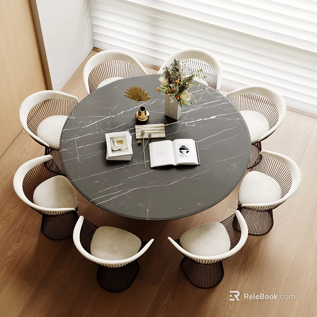 Modern Round Marble Dining Table Set With Padded Woven Chairs For Cozy Home Dining Space 3d model 