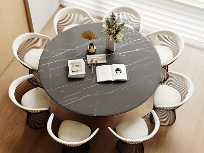 Modern Round Marble Dining Table Set With Padded Woven Chairs For Cozy Home Dining Space 3d model