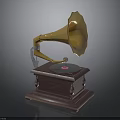 Vintage Gramophone Design With Golden Horn Turntable And Wooden Base