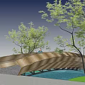 Arched Metallic Landscape Bridge Over Water Surface With Trees And People