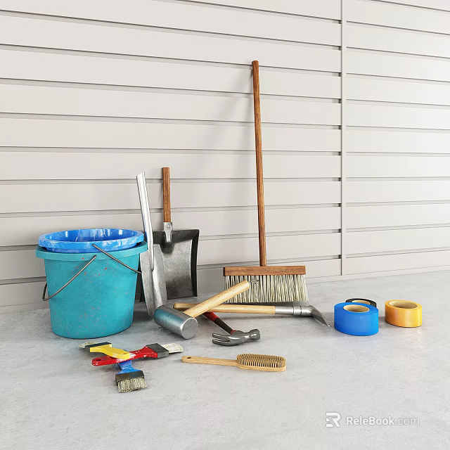 Assorted Hardware Tools Including Broom Hammer Tape And Brush Against White Panel Wall 3d model 