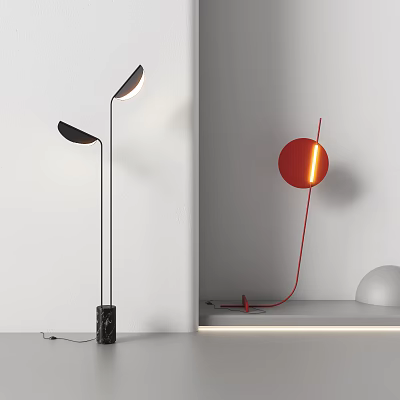 Modern Minimalist Floor Lamp With Black Red Curved Design Warm Light In Interior Space 3d model