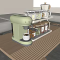 Kitchen Green Coffee Machine With Multi Layer Rack White Cups Jars On Light Wooden Tabletop 3d model