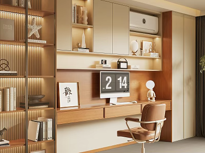 Modern Home Office Interior With Wooden Bookshelves Writing Desk Computer Monitor Calligraphy Art And Chair 3d model