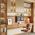 Modern Home Office Interior With Wooden Bookshelves Writing Desk Computer Monitor Calligraphy Art And Chair