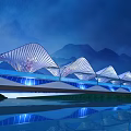 White Wing Structure Scenic Bridge At Night With City Skyline And Water Reflection