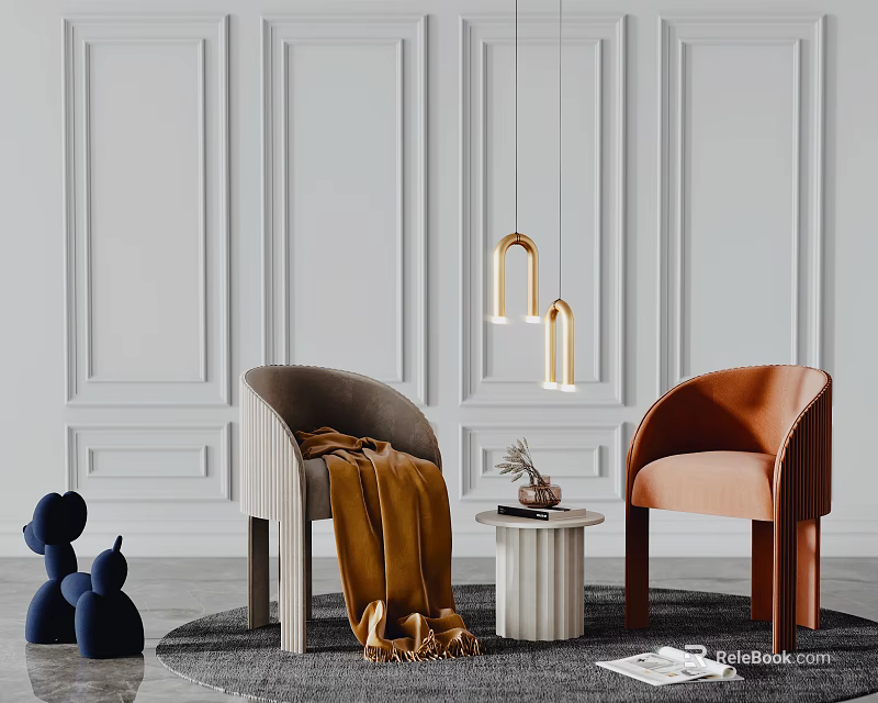 Casual Sofa Set Featuring Gray And Orange Sofas With Soft Fabric And Pendant Lights 3d model