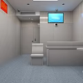 Public Restroom Interior With Multiple Stalls Blue Walls And Gray Doors