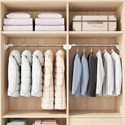 Modern Wardrobe Interior With Hanging Clothes Folded Items And Storage Shelves 3d model