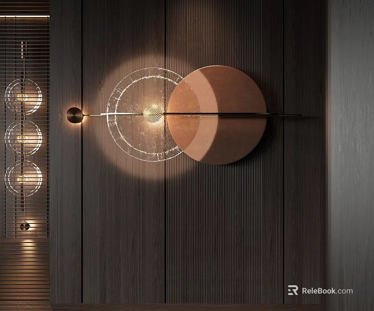 Round Wooden Wall Decor With Metal Accents And Light Effects On Dark Wooden Wall 3d model 