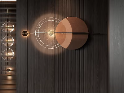 Round Wooden Wall Decor With Metal Accents And Light Effects On Dark Wooden Wall 3d model
