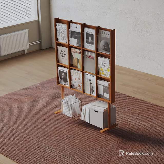 Modern Wooden Bookshelf With Displayed Magazines And White Storage Bins In Minimalist Interior 3d model 