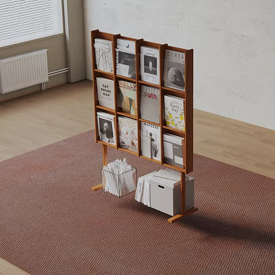Modern Wooden Bookshelf With Displayed Magazines And White Storage Bins In Minimalist Interior 3d model