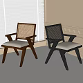 Modern Dining Chairs Featuring Rattan Backrest Wooden Frame Armrests And Light Upholstered Seat Cushions