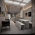Modern Café Interior With Open Space White Counter Black Rattan Chairs And Wall Art