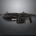 Sci Fi Machine Gun Design With Mechanical Structure Blue Glowing Accents And Chain Feed
