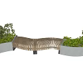 Wooden Curved Landscape Seat Surrounded by Green Plants in Outdoor Space