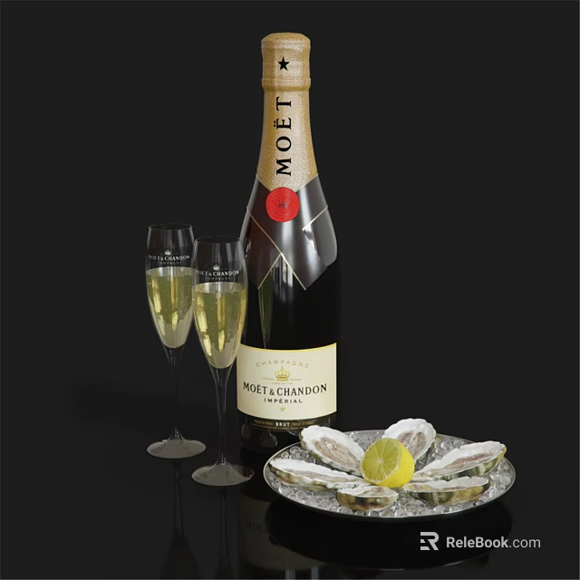 Fresh Oysters with Lemon Served alongside Moët Chandon Champagne and Glasses 3d model 