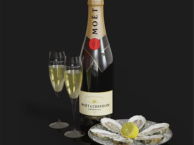 Fresh Oysters with Lemon Served alongside Moët Chandon Champagne and Glasses 3d model