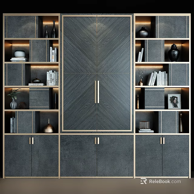 Modern Dark Wood Bookcase With Textured Doors Decorative Items And Built In Lighting 3d model 