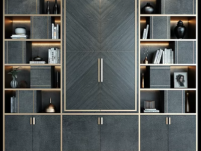 Modern Dark Wood Bookcase With Textured Doors Decorative Items And Built In Lighting 3d model