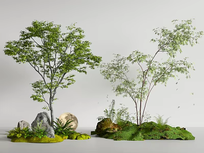 Green Trees With Lush Foliage And Natural Stones On Mossy Ground 3d model