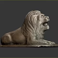 Classic Style Stone Lion Sculpture With Reclining Position And Carved Mane On Solid Base