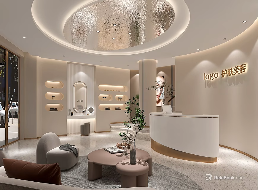 Elegant Modern Beauty Hair Salon Interior With Reception Desk Soft Lighting And Comfortable Seating 3d model 