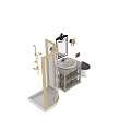 Elegant Modern Bathroom Vanity with Mirror Wall Lamps and Cabinet with Baskets and Brass Accents