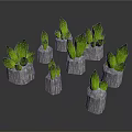 Green Leaf Plants In Gray Stone Bases Arranged For Natural Decorative Look
