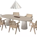 Light Wooden Oval Dining Table Set With Six Woven Chairs And White Pleated Pendant Light