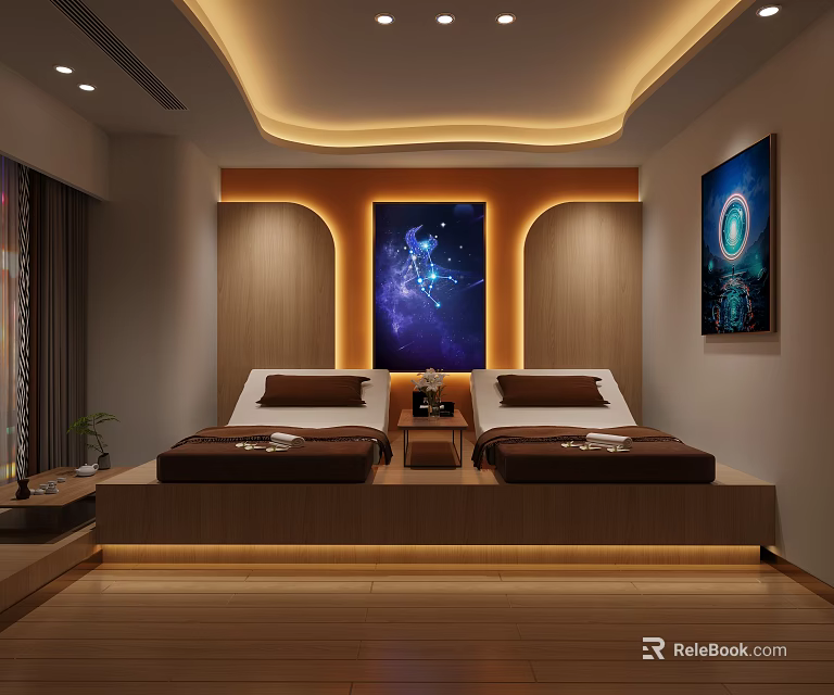 Elegant SPA Sauna Room Interior With Wooden Decor Massage Beds Wall Art And Ceiling Lighting 3d model 