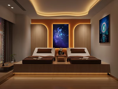 Elegant SPA Sauna Room Interior With Wooden Decor Massage Beds Wall Art And Ceiling Lighting 3d model