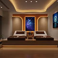 Elegant SPA Sauna Room Interior With Wooden Decor Massage Beds Wall Art And Ceiling Lighting