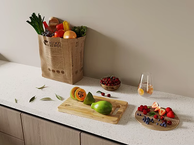 Fresh Fruits And Vegetables In Paper Bag On Kitchen Counter With Cutting Board And Berries 3d model