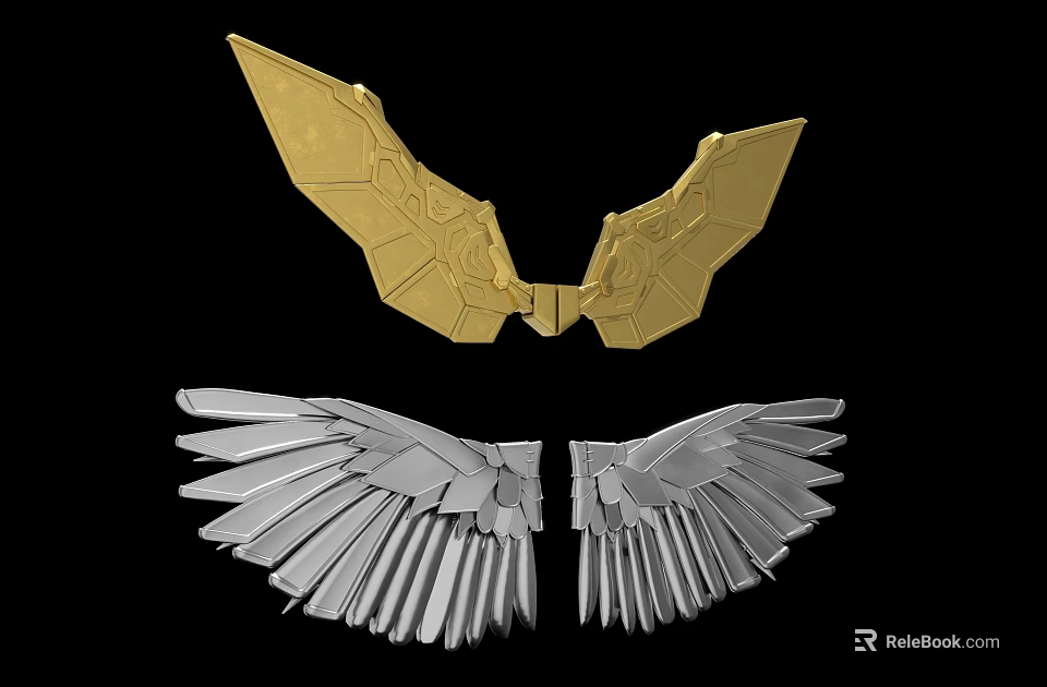 Ornamental Gold And Silver Wings With Intricate Patterns And Feather Textures 3d model 