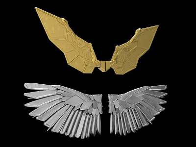 Ornamental Gold And Silver Wings With Intricate Patterns And Feather Textures 3d model