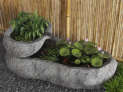 Natural Stone Pond With Water Lilies Lily Pads Goldfish And Bamboo Fence 3d model
